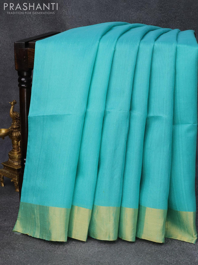 Pure raw silk saree teal blue shade and magenta pink with plain body & ikat weaves pallu and zari woven border - {{ collection.title }} by Prashanti Sarees