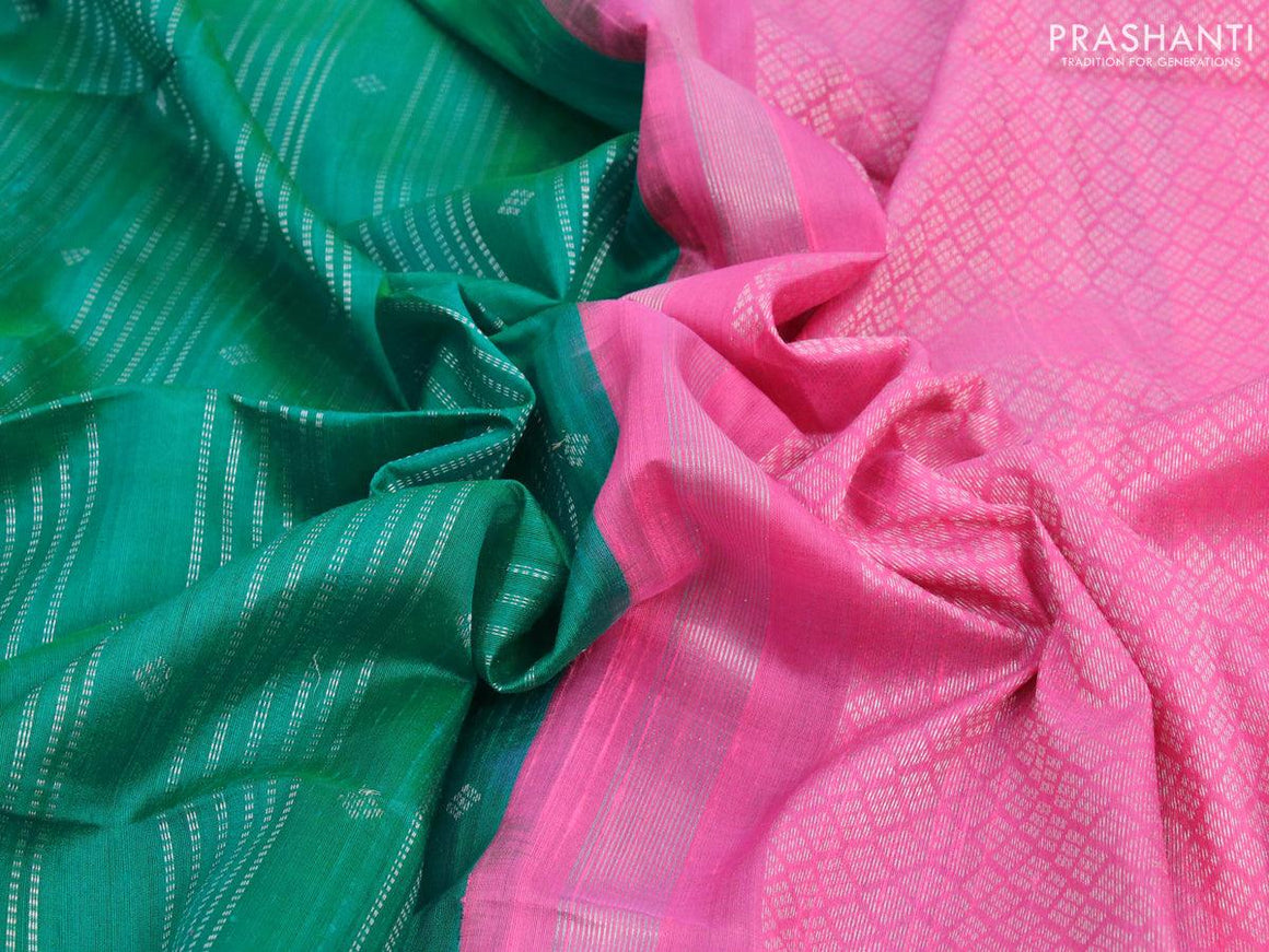Pure raw silk saree teal green and light pink with allover silver zari weaves in borderless style - {{ collection.title }} by Prashanti Sarees