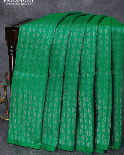 Pure raw silk saree teal green and mustard yellow with silver zari woven geometric weaves in borderless style - {{ collection.title }} by Prashanti Sarees