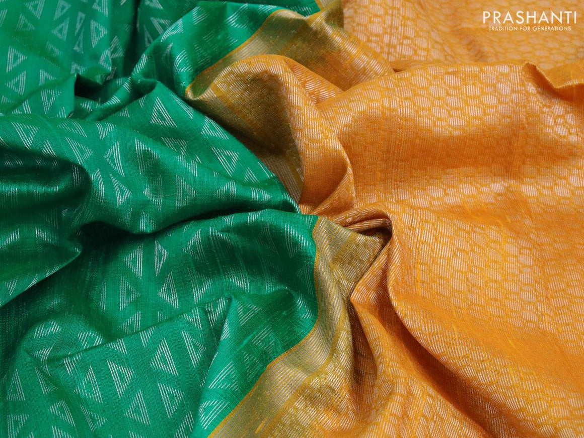 Pure raw silk saree teal green and mustard yellow with silver zari woven geometric weaves in borderless style - {{ collection.title }} by Prashanti Sarees