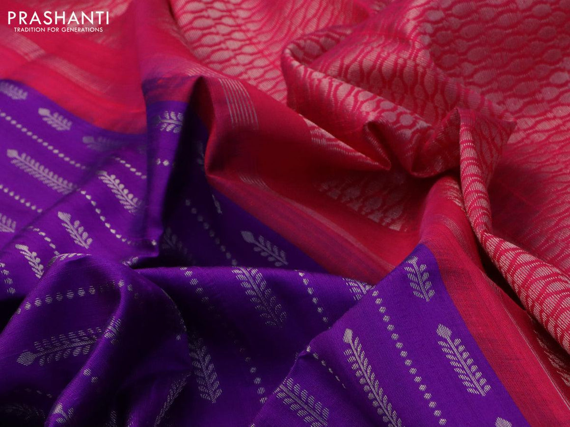 Pure raw silk saree violet and pink with allover silver zari weaves in borderless style - {{ collection.title }} by Prashanti Sarees