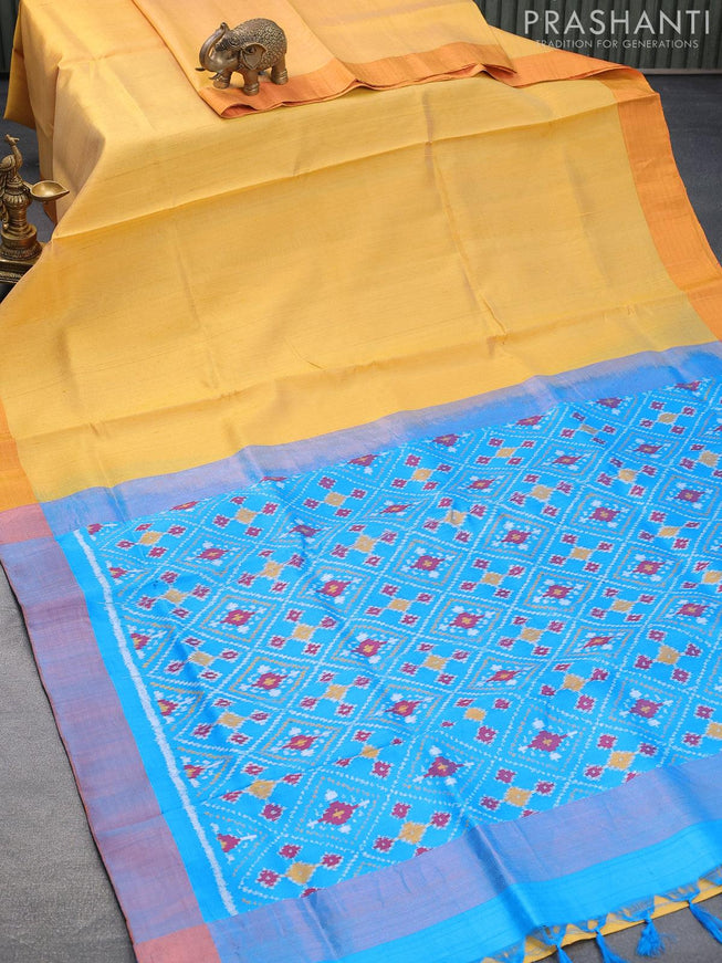 Pure raw silk saree yellow and blue with plain body & ikat weaves pallu and copper zari woven border - {{ collection.title }} by Prashanti Sarees