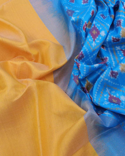Pure raw silk saree yellow and blue with plain body & ikat weaves pallu and copper zari woven border - {{ collection.title }} by Prashanti Sarees