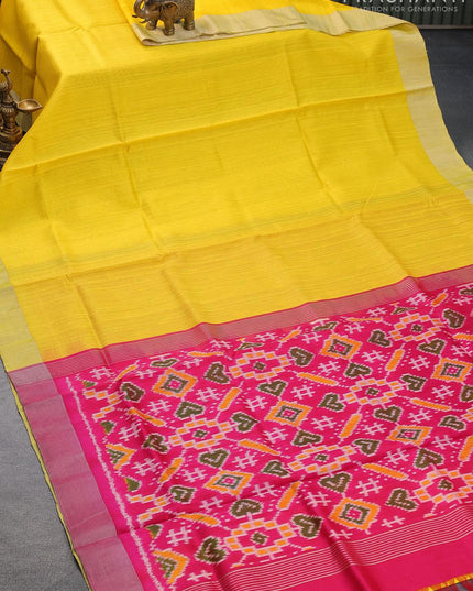 Pure raw silk saree yellow and pink with plain body & ikat weaves pallu and silver zari woven border - {{ collection.title }} by Prashanti Sarees