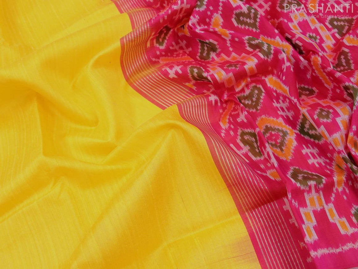 Pure raw silk saree yellow and pink with plain body & ikat weaves pallu and silver zari woven border - {{ collection.title }} by Prashanti Sarees