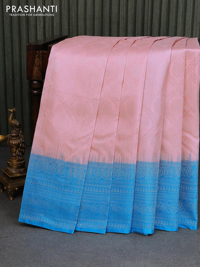 Pure soft silk saree baby pink and cs blue with allover silver zari woven brocade weaves and silver zari woven border - {{ collection.title }} by Prashanti Sarees