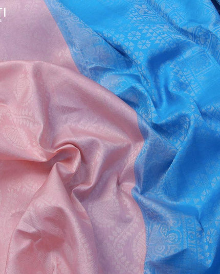 Pure soft silk saree baby pink and cs blue with allover silver zari woven brocade weaves and silver zari woven border - {{ collection.title }} by Prashanti Sarees