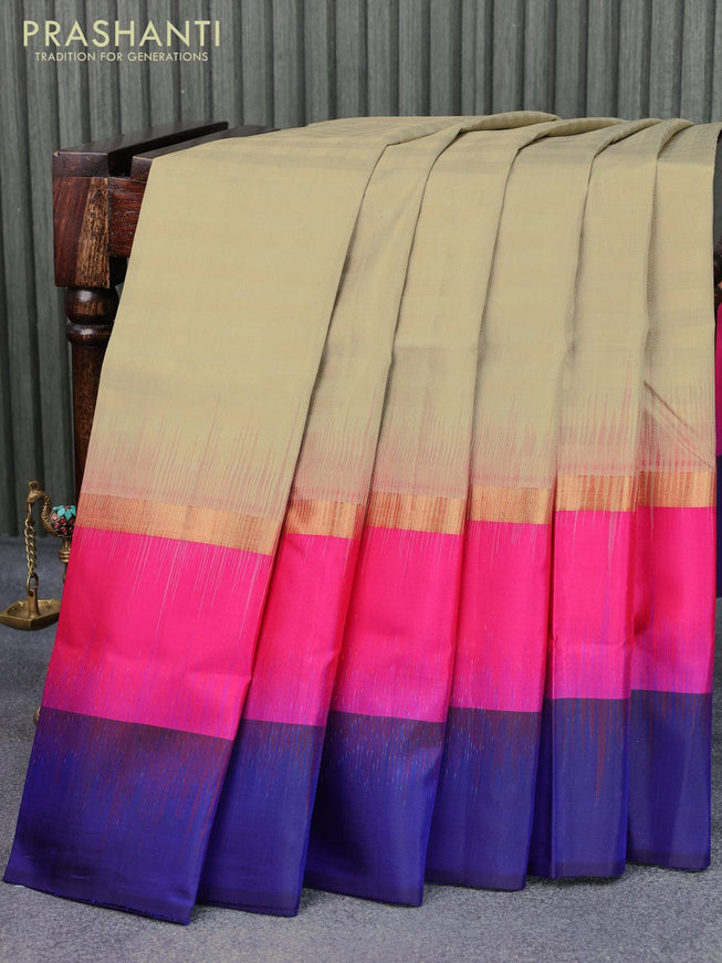 Pure soft silk saree beige and blue with allover thread weaves and zari woven simple border - {{ collection.title }} by Prashanti Sarees