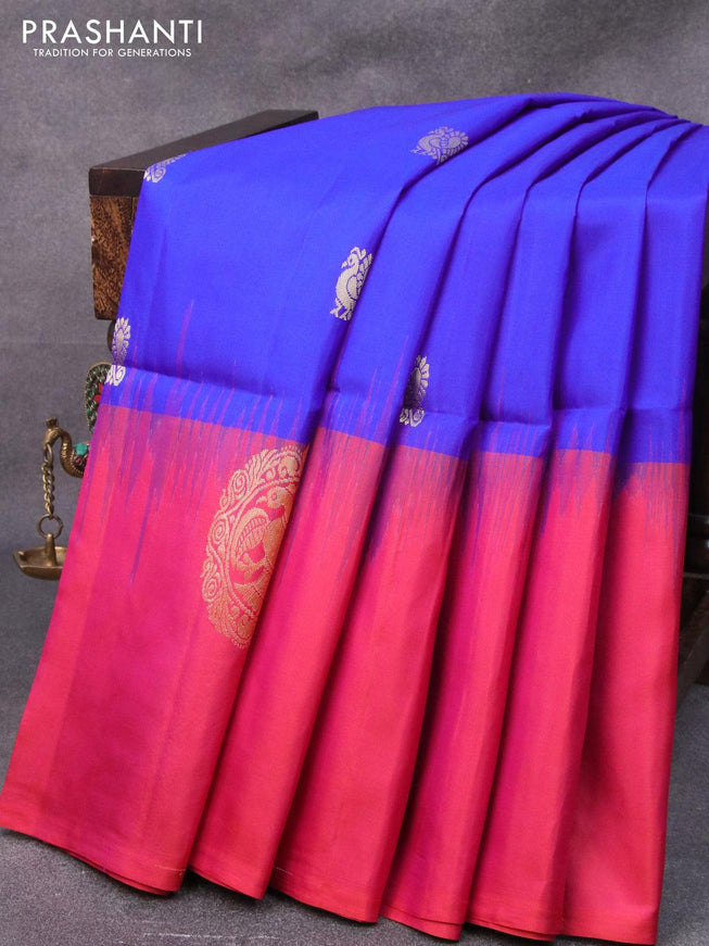 Pure soft silk saree blue and dual shade of pinkish orange with zari woven buttas and zari woven butta border - {{ collection.title }} by Prashanti Sarees