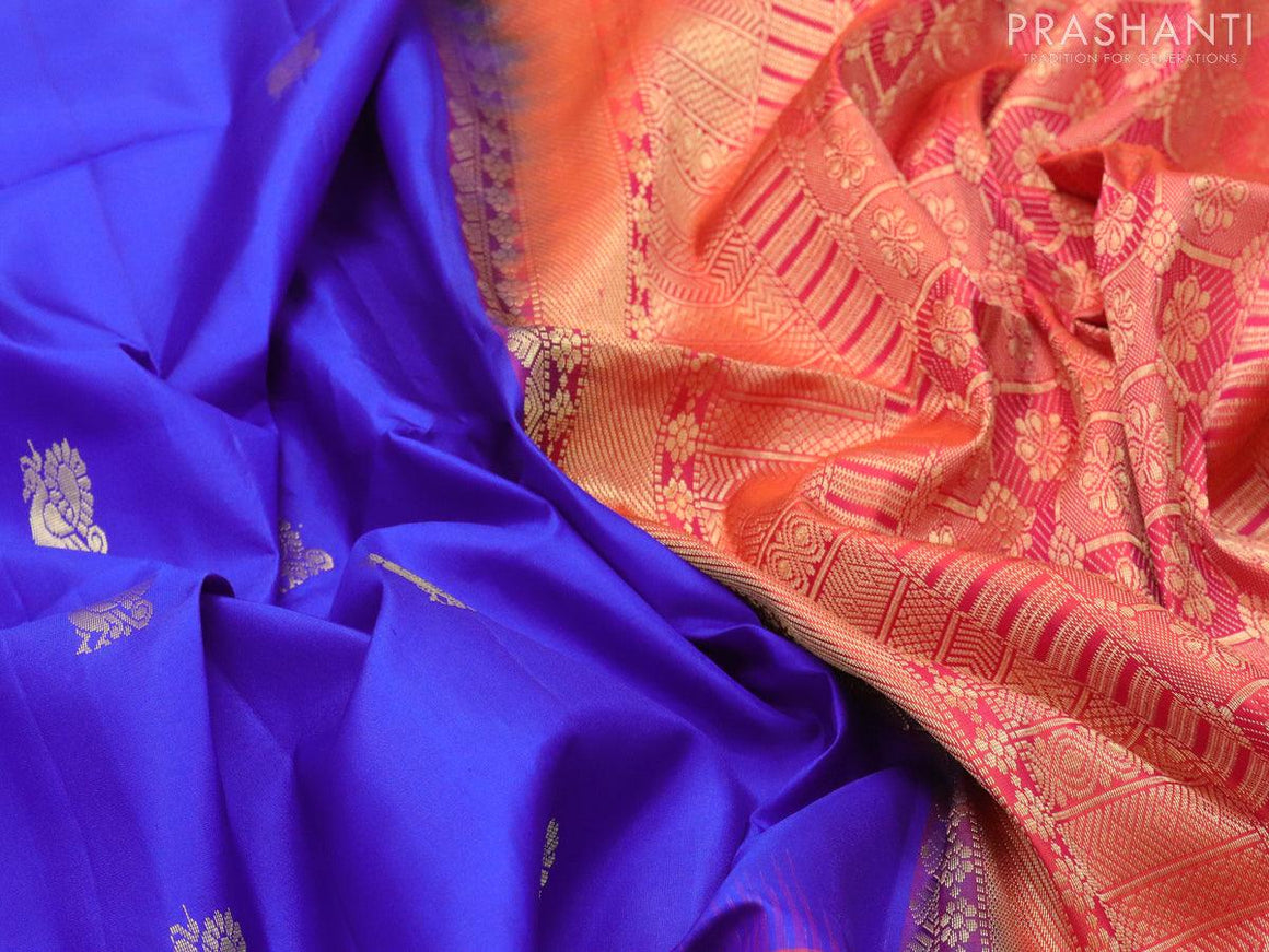 Pure soft silk saree blue and dual shade of pinkish orange with zari woven buttas and zari woven butta border - {{ collection.title }} by Prashanti Sarees