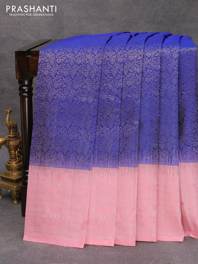 Pure soft silk saree blue and pastel pink with allover silver zari woven brocade weaves and silver zari woven border - {{ collection.title }} by Prashanti Sarees