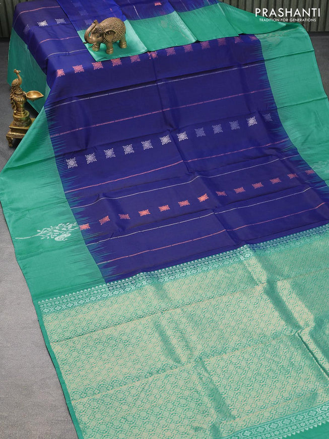 Pure soft silk saree blue and teal green with copper zari woven buttas and silver zari woven butta border - {{ collection.title }} by Prashanti Sarees