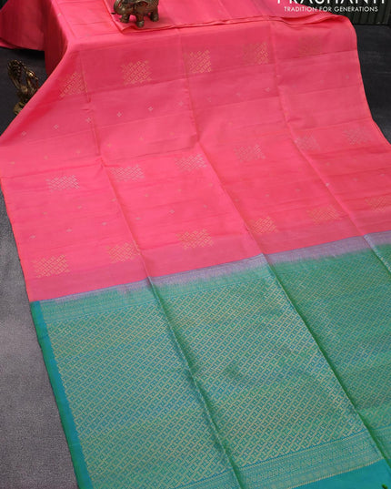 Pure soft silk saree candy pink and dual shade of bluish green with silver & gold zari woven geometric buttas in borderless style - {{ collection.title }} by Prashanti Sarees