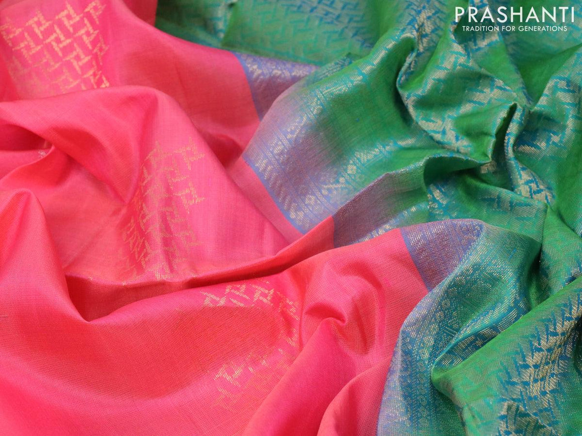 Pure soft silk saree candy pink and dual shade of bluish green with silver & gold zari woven geometric buttas in borderless style - {{ collection.title }} by Prashanti Sarees