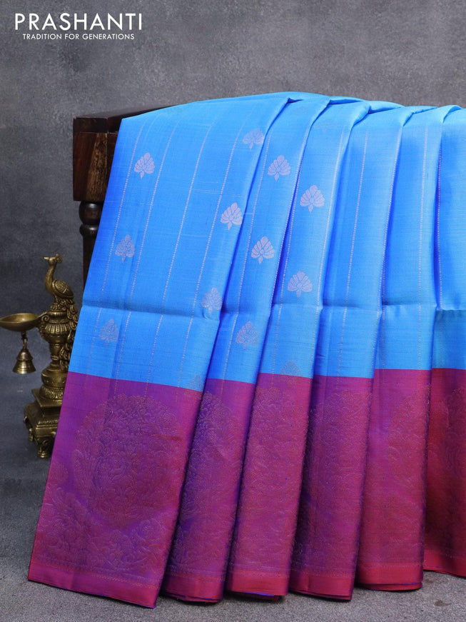 Pure soft silk saree cs blue and dual shade of bluish red with allover silver zari weaves & buttas and rich zari woven border - {{ collection.title }} by Prashanti Sarees