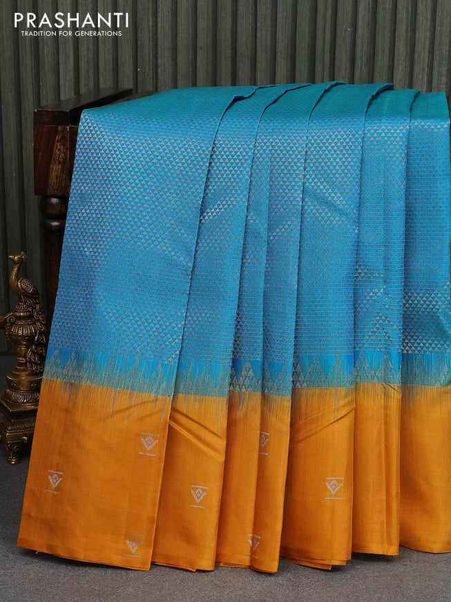 Pure soft silk saree cs blue and mustard yellow with allover silver zari woven geometric weaves and zari woven butta border - {{ collection.title }} by Prashanti Sarees