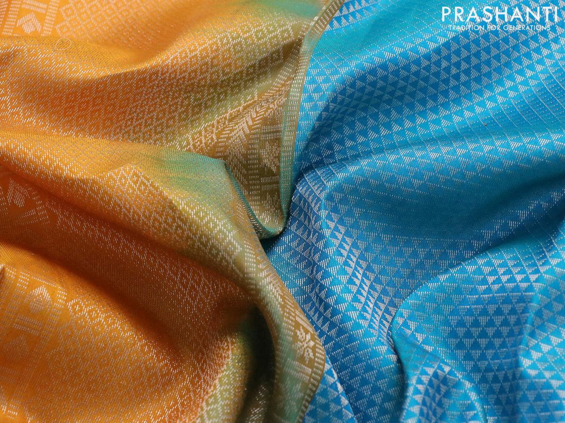 Pure soft silk saree cs blue and mustard yellow with allover silver zari woven geometric weaves and zari woven butta border - {{ collection.title }} by Prashanti Sarees