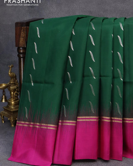 Pure soft silk saree dark green and pink with silver & gold zari woven buttas and zari woven simple border - {{ collection.title }} by Prashanti Sarees