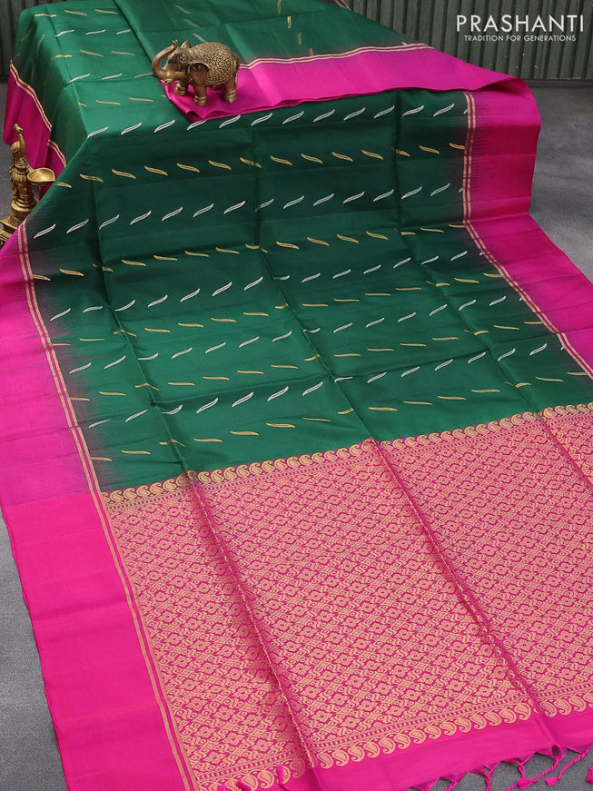 Pure soft silk saree dark green and pink with silver & gold zari woven buttas and zari woven simple border - {{ collection.title }} by Prashanti Sarees