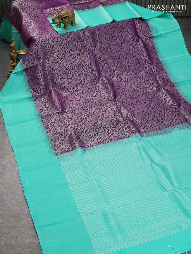 Pure soft silk saree deep purple and teal blue shade with allover silver zari woven brocade weaves and silver zari woven simple border - {{ collection.title }} by Prashanti Sarees