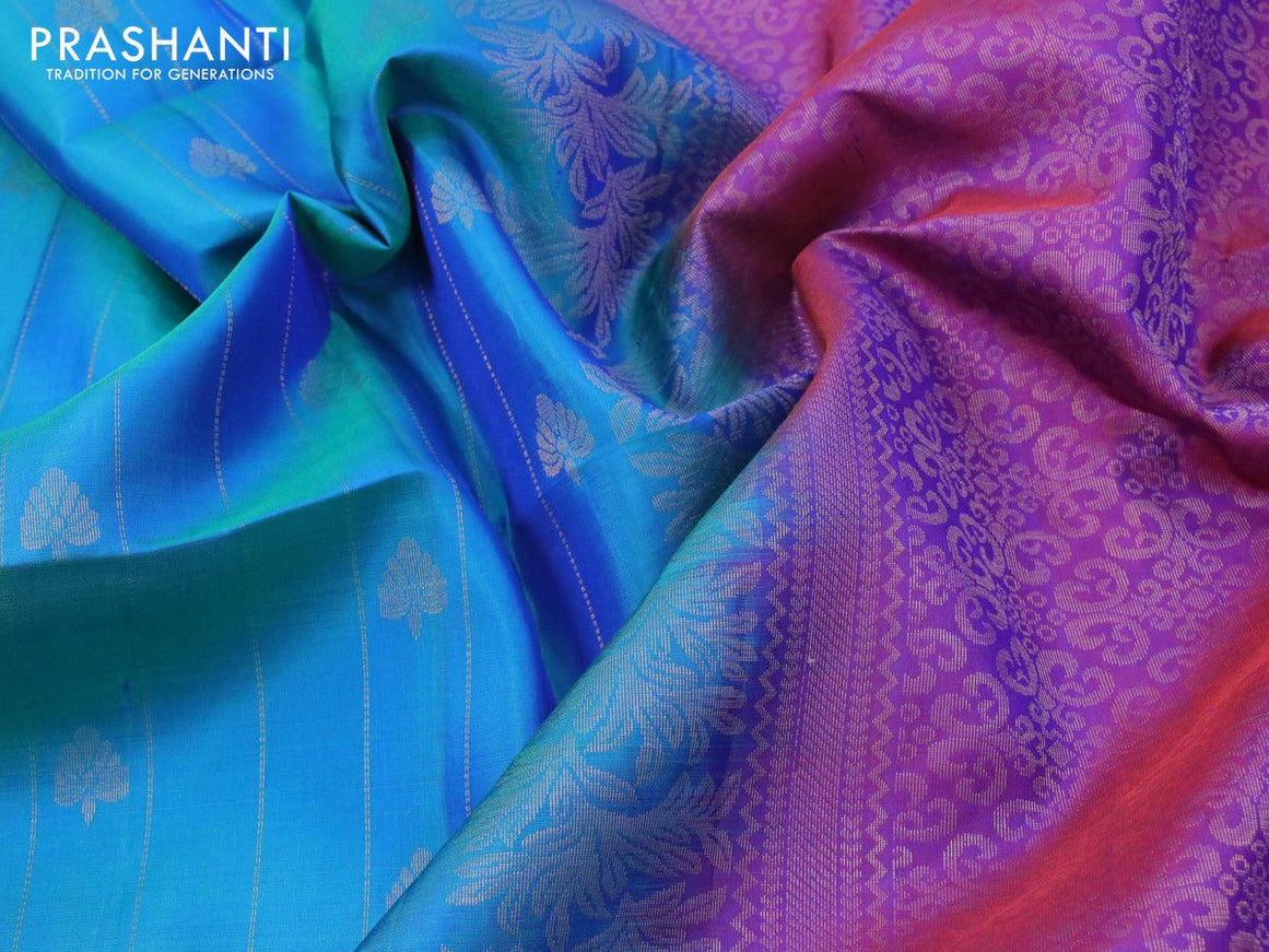 Pure soft silk saree dual shade of blue and dual shade of purple with allover zari weaves & buttas and zari woven border - {{ collection.title }} by Prashanti Sarees
