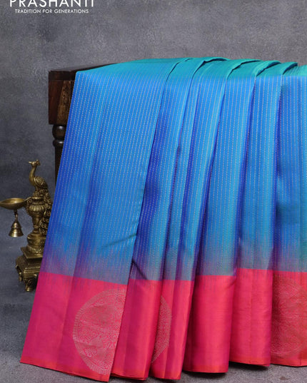 Pure soft silk saree dual shade of bluish green and dual shade of pinkish orange with allover zari woven stripes pattern and silver zari woven butta border - {{ collection.title }} by Prashanti Sarees