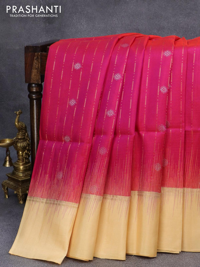 Pure soft silk saree dual shade of pink and sandal with allover silver & copper zari weaves and copper zari woven simple border - {{ collection.title }} by Prashanti Sarees