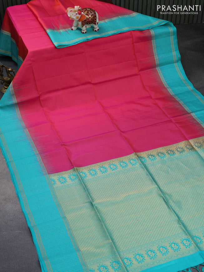 Pure soft silk saree dual shade of pink and teal blue with plain body and zari woven checked border - {{ collection.title }} by Prashanti Sarees