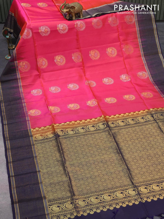 Pure soft silk saree dual shade of pinkish orange and dark blue with zari woven buttas and zari woven border - {{ collection.title }} by Prashanti Sarees
