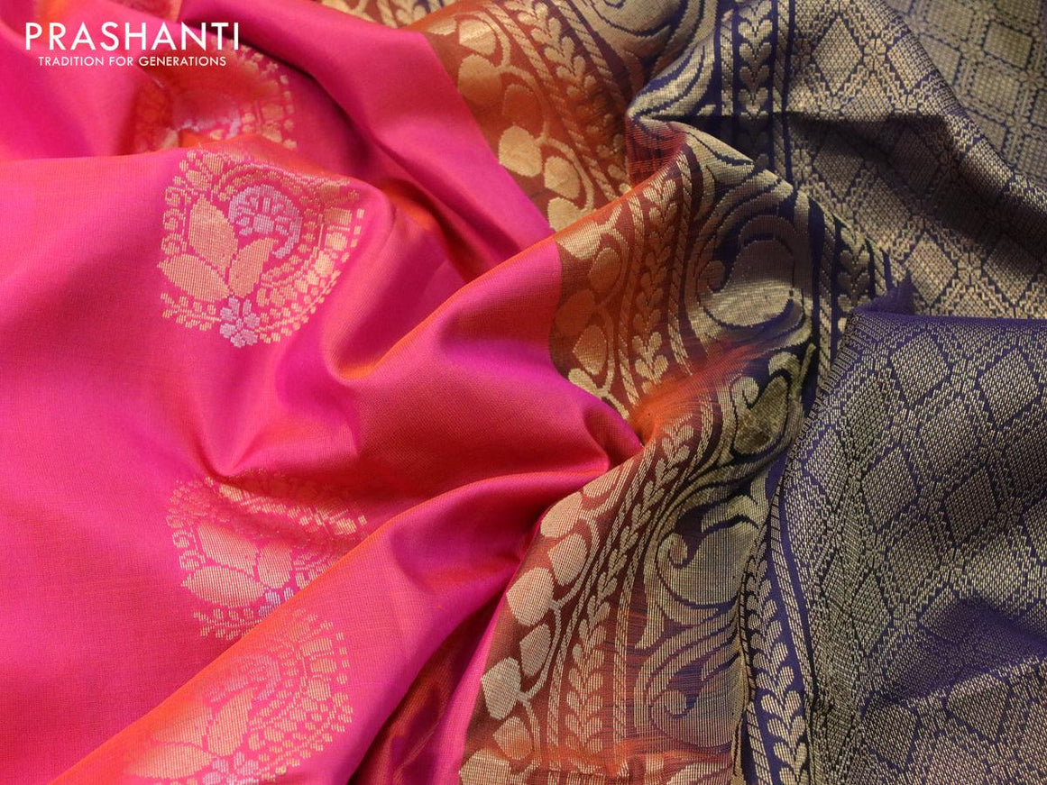 Pure soft silk saree dual shade of pinkish orange and dark blue with zari woven buttas and zari woven border - {{ collection.title }} by Prashanti Sarees