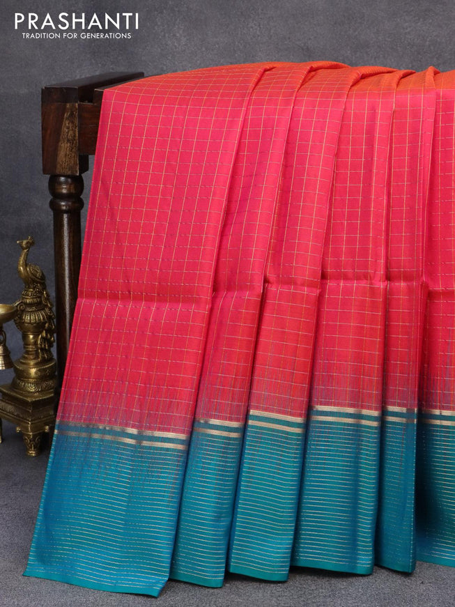 Pure soft silk saree dual shade of pinkish orange and dual shade of teal blue with allover zari checked pattern and zari woven simple border - {{ collection.title }} by Prashanti Sarees