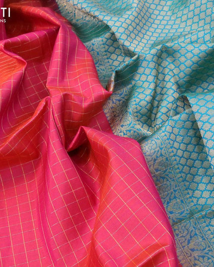Pure soft silk saree dual shade of pinkish orange and dual shade of teal blue with allover zari checked pattern and zari woven simple border - {{ collection.title }} by Prashanti Sarees