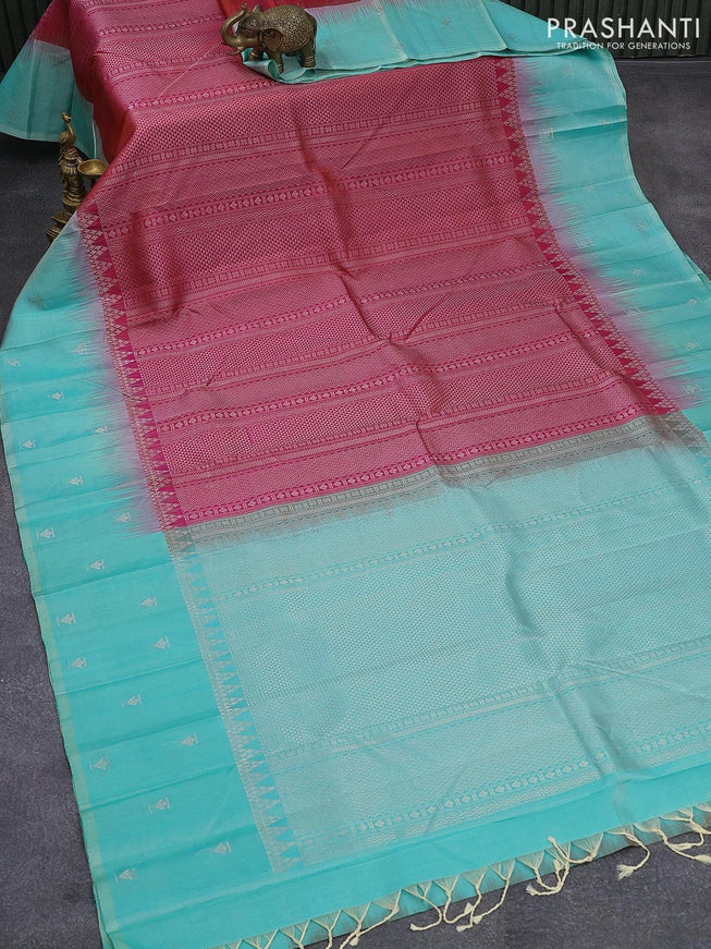 Pure soft silk saree dual shade of pinkish orange and teal blue with allover silver zari woven brocade weaves and zari woven butta border - {{ collection.title }} by Prashanti Sarees