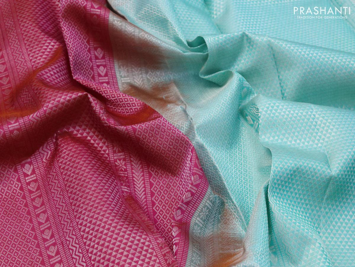 Pure soft silk saree dual shade of pinkish orange and teal blue with allover silver zari woven brocade weaves and zari woven butta border - {{ collection.title }} by Prashanti Sarees