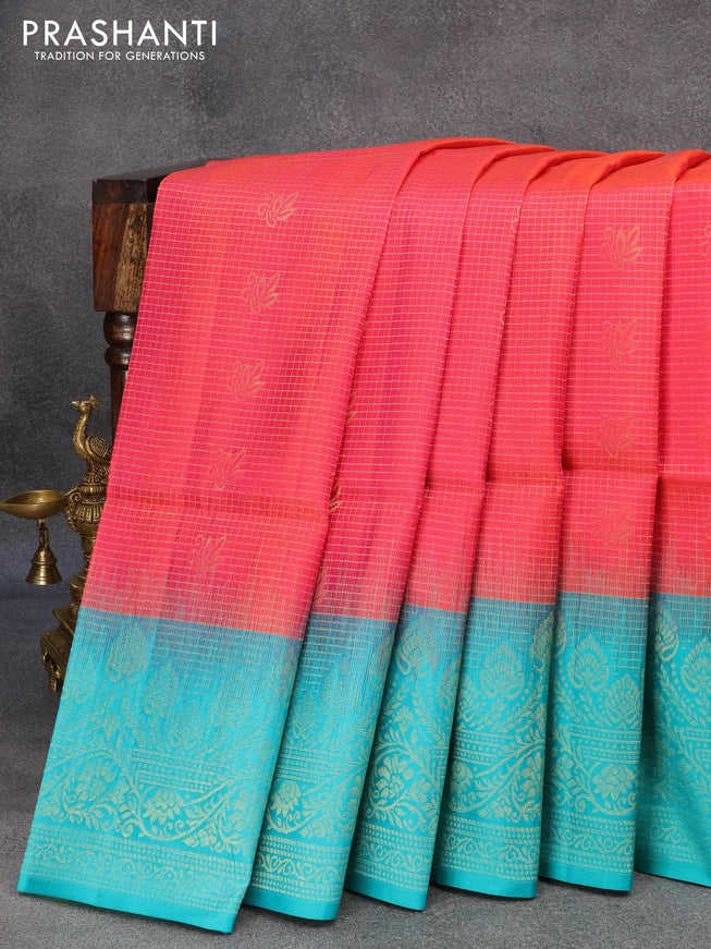 Pure soft silk saree dual shade of pinkish orange and teal blue with allover small zari checks & buttas and zari woven border - {{ collection.title }} by Prashanti Sarees