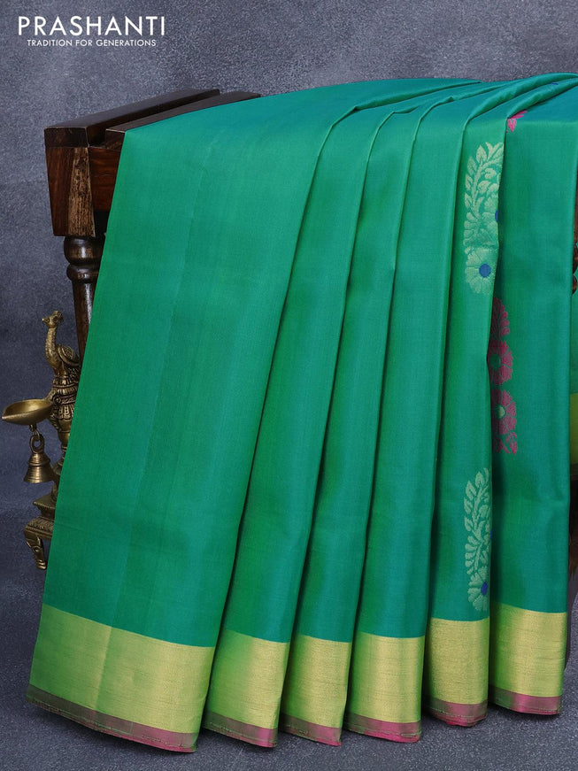 Pure soft silk saree dual shade of teal bluish green and pink with thread & zari woven floral buttas and zari woven border - {{ collection.title }} by Prashanti Sarees
