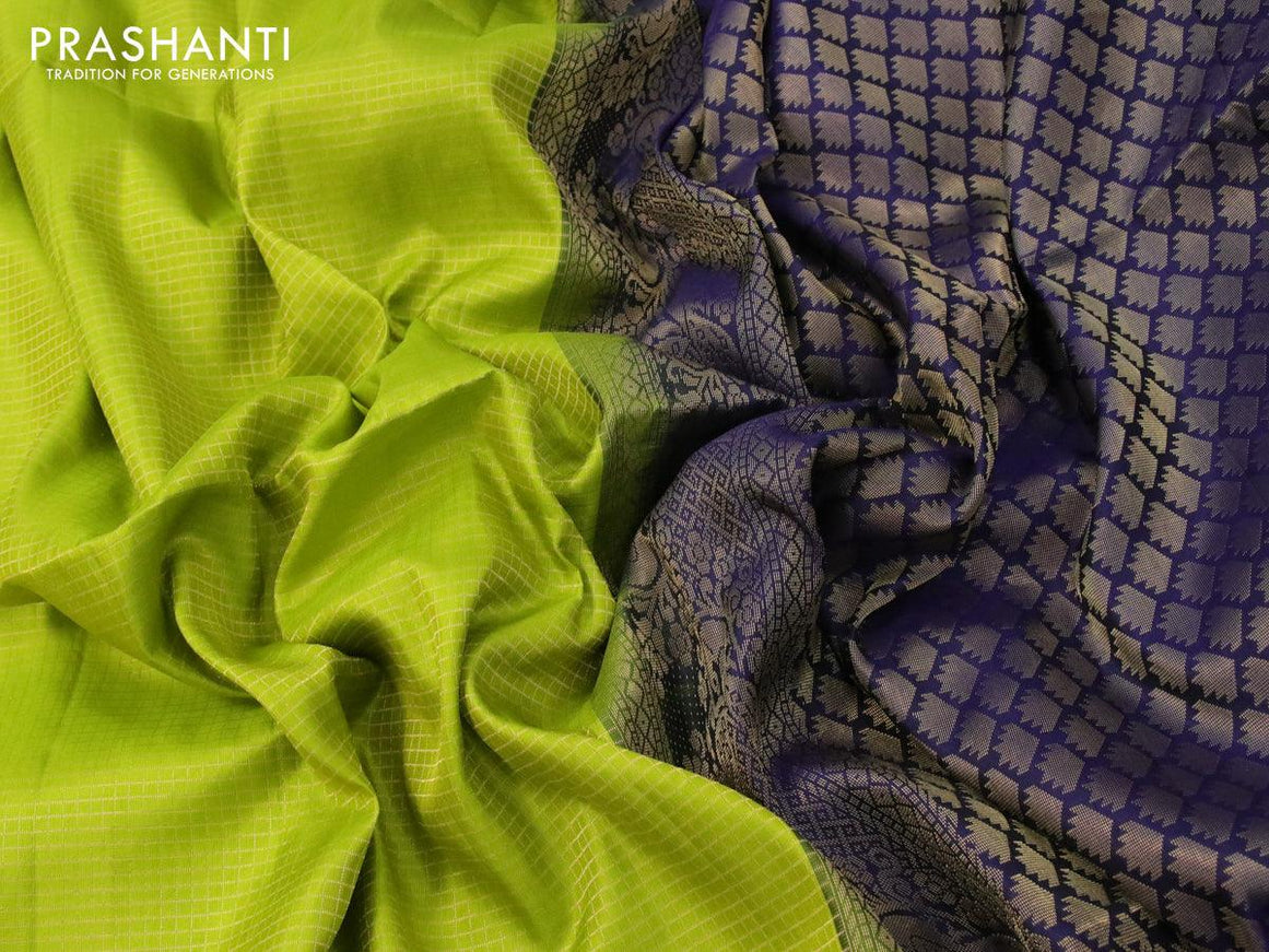 Pure soft silk saree fluorescent green and dark blue with allover small zari checked pattern and rich zari woven border - {{ collection.title }} by Prashanti Sarees