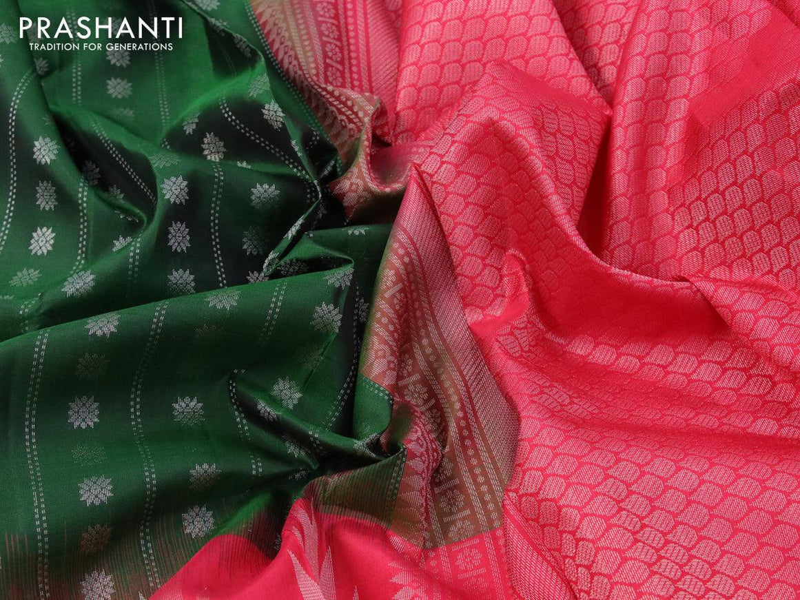 Pure soft silk saree green and dual shade of pink with allover silver zari weaves and rich silver zari woven border - {{ collection.title }} by Prashanti Sarees