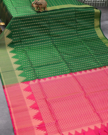 Pure soft silk saree green and dual shade of pink with allover zari woven tilak butta weaves and temple design zari woven border - {{ collection.title }} by Prashanti Sarees