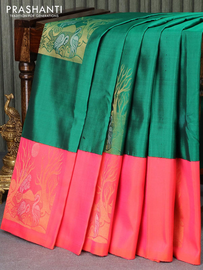 Pure soft silk saree green and dual shade of pink with zari woven buttas and zari woven butta border - {{ collection.title }} by Prashanti Sarees