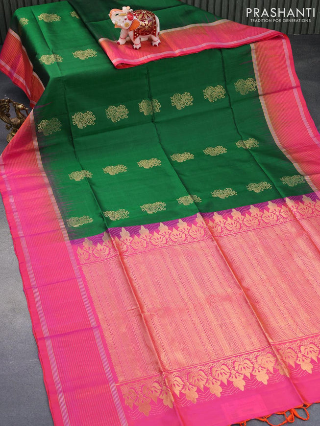 Pure soft silk saree green and dual shade of pinkish orange with zari woven buttas and zari woven simple border - {{ collection.title }} by Prashanti Sarees