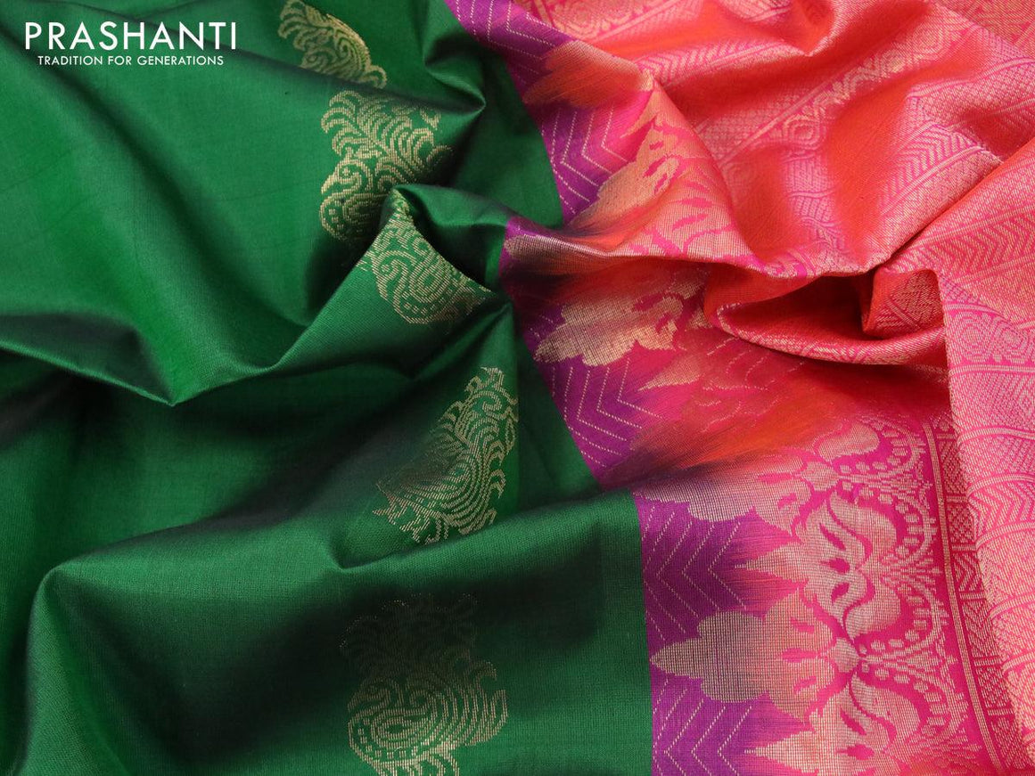Pure soft silk saree green and dual shade of pinkish orange with zari woven buttas and zari woven simple border - {{ collection.title }} by Prashanti Sarees