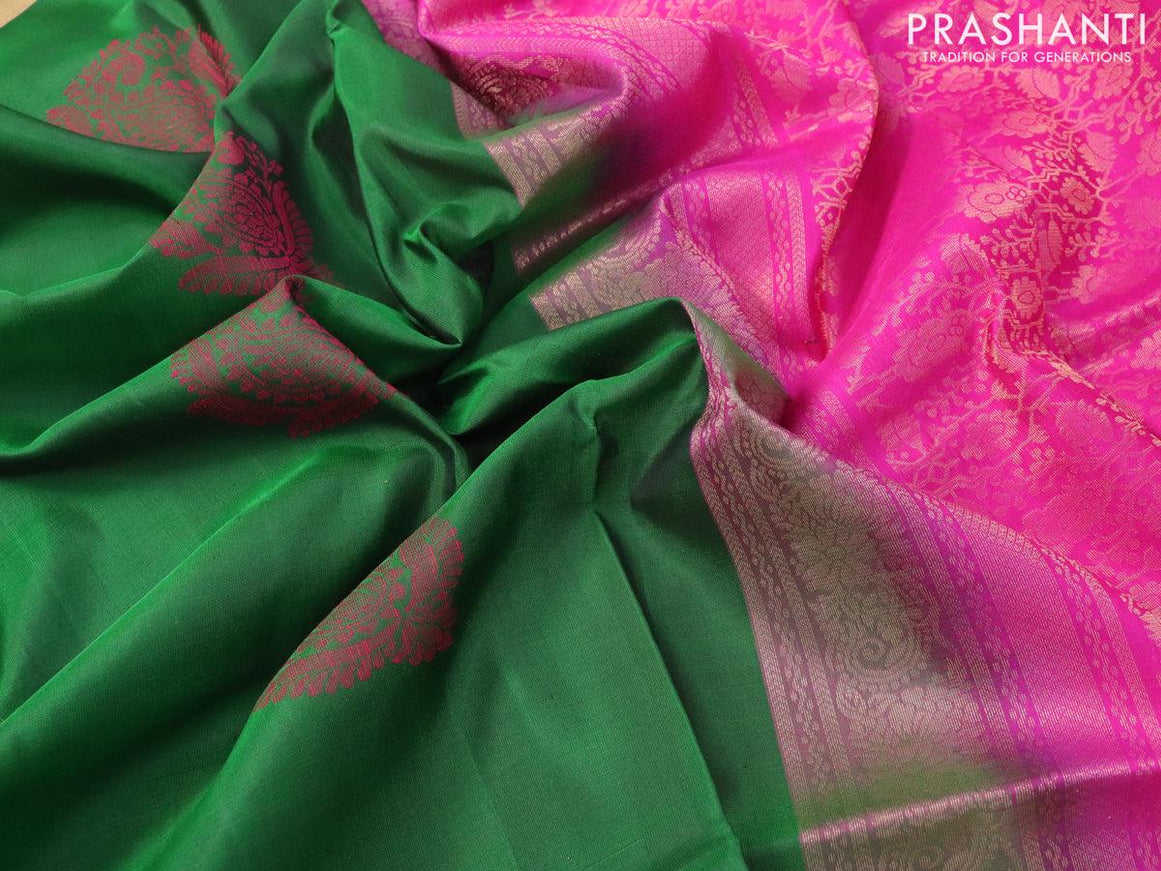 Pure soft silk saree green and pink with thread & zari woven buttas and zari woven border - {{ collection.title }} by Prashanti Sarees