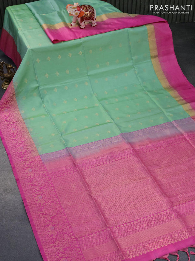 Pure soft silk saree green shade and light pink with floral zari woven buttas and zari woven border - {{ collection.title }} by Prashanti Sarees