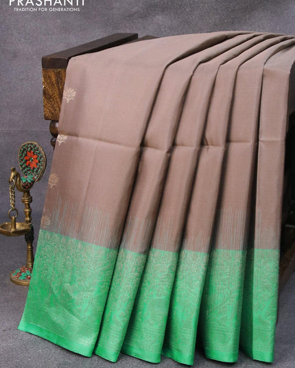 Pure soft silk saree grey shade and teal green shade with zari woven floral buttas and zari woven border - {{ collection.title }} by Prashanti Sarees