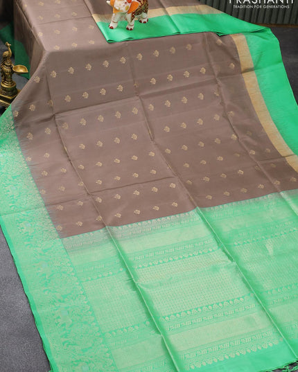 Pure soft silk saree grey shade and teal green shade with zari woven floral buttas and zari woven border - {{ collection.title }} by Prashanti Sarees