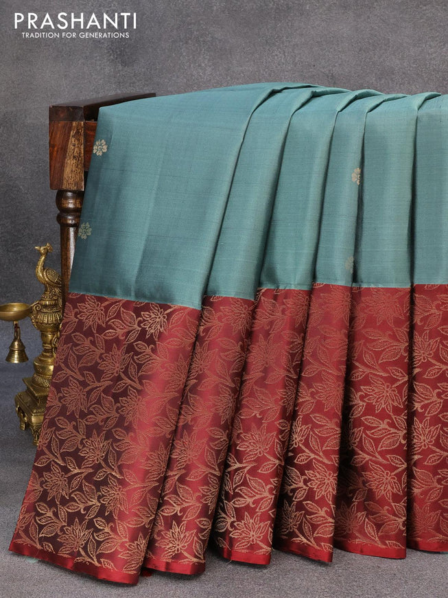 Pure soft silk saree greyish green and deep maroon with zari woven floral buttas and rich zari woven border - {{ collection.title }} by Prashanti Sarees