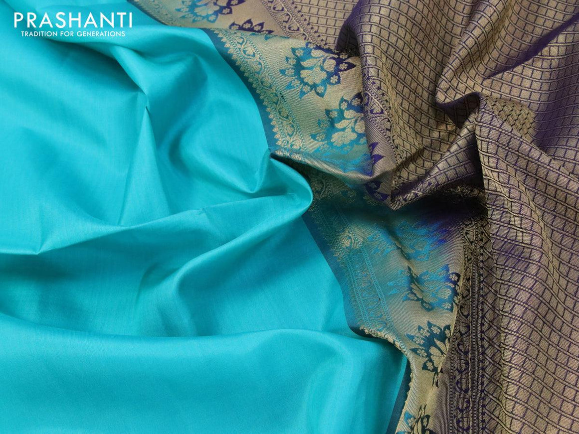 Pure soft silk saree light blue and blue with plain body and zari woven checked border - {{ collection.title }} by Prashanti Sarees