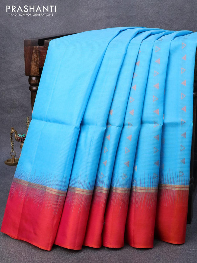 Pure soft silk saree light blue and dual shade of pinkish orange with allover silver & copper zari geometric weaves and zari woven simple border - {{ collection.title }} by Prashanti Sarees