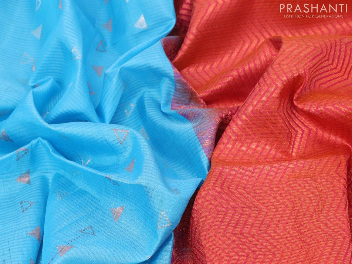 Pure soft silk saree light blue and dual shade of pinkish orange with allover silver & copper zari geometric weaves and zari woven simple border - {{ collection.title }} by Prashanti Sarees